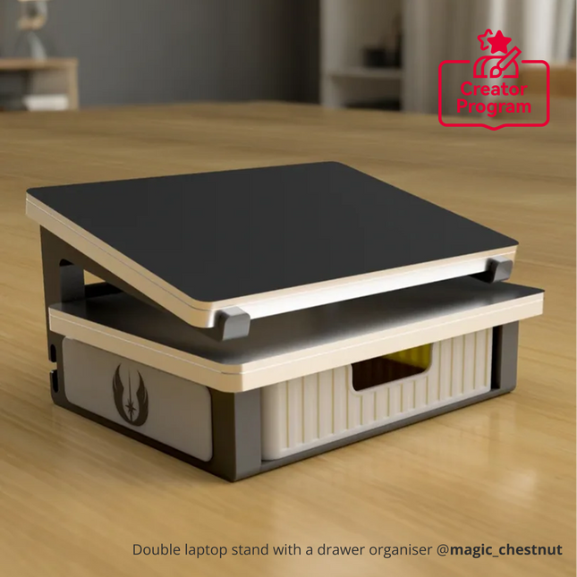 Double laptop stand con a drawer organiser