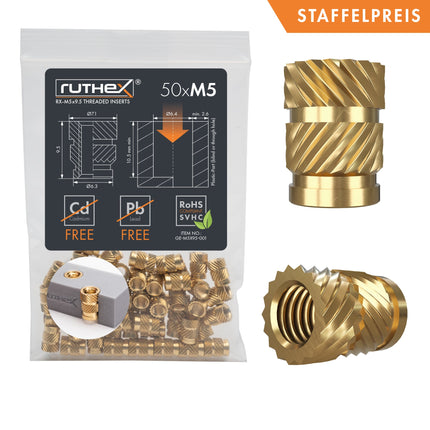 Ruthex inserti filettati M5 Rx-M5x9.5 50 pezzi - GE-M5x95-001