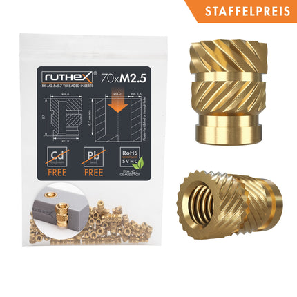 Ruthex inserti filettati M2.5 Rx-M2.5x5.7 70 pezzi - GE-M25x57-001
