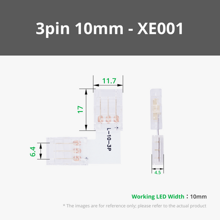 3 - pin 10mm L - shaped LED Striscia Connectors (10pz)
